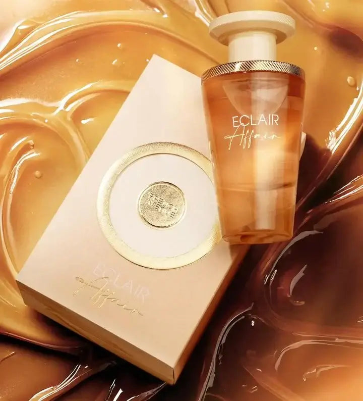 Verpackung des French Avenue Eclair Affair Eau de Parfum, die luxuriöse Präsenz und den süßen Duft hervorhebt.