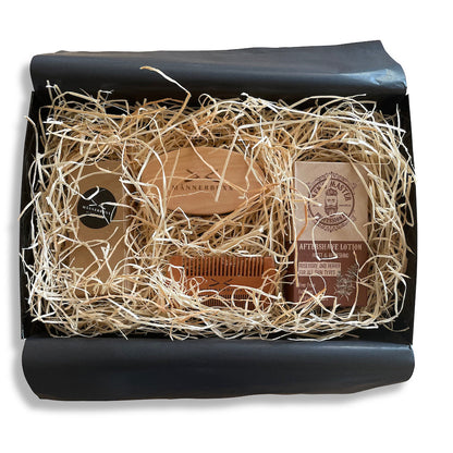 Verpackung des Aftershaves für Herren im Bartpflege Geschenkset, elegant und maskulin gestaltet.