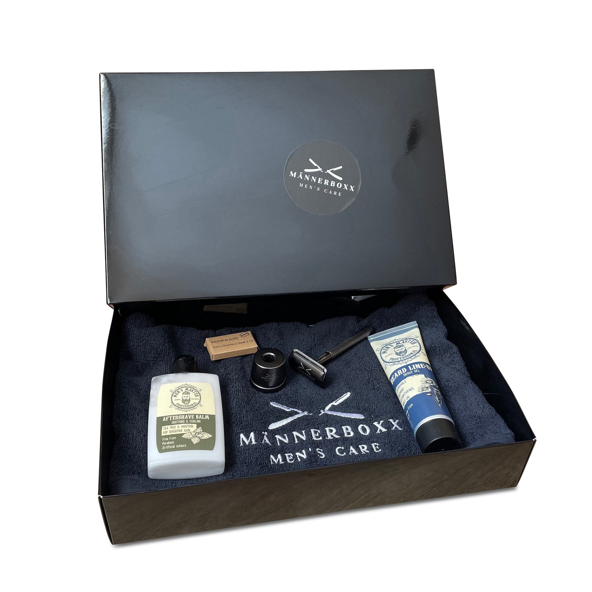 Verpackung des Rasierhobel-Sets für Männer im modernen Design, perfekt für Geschenke.