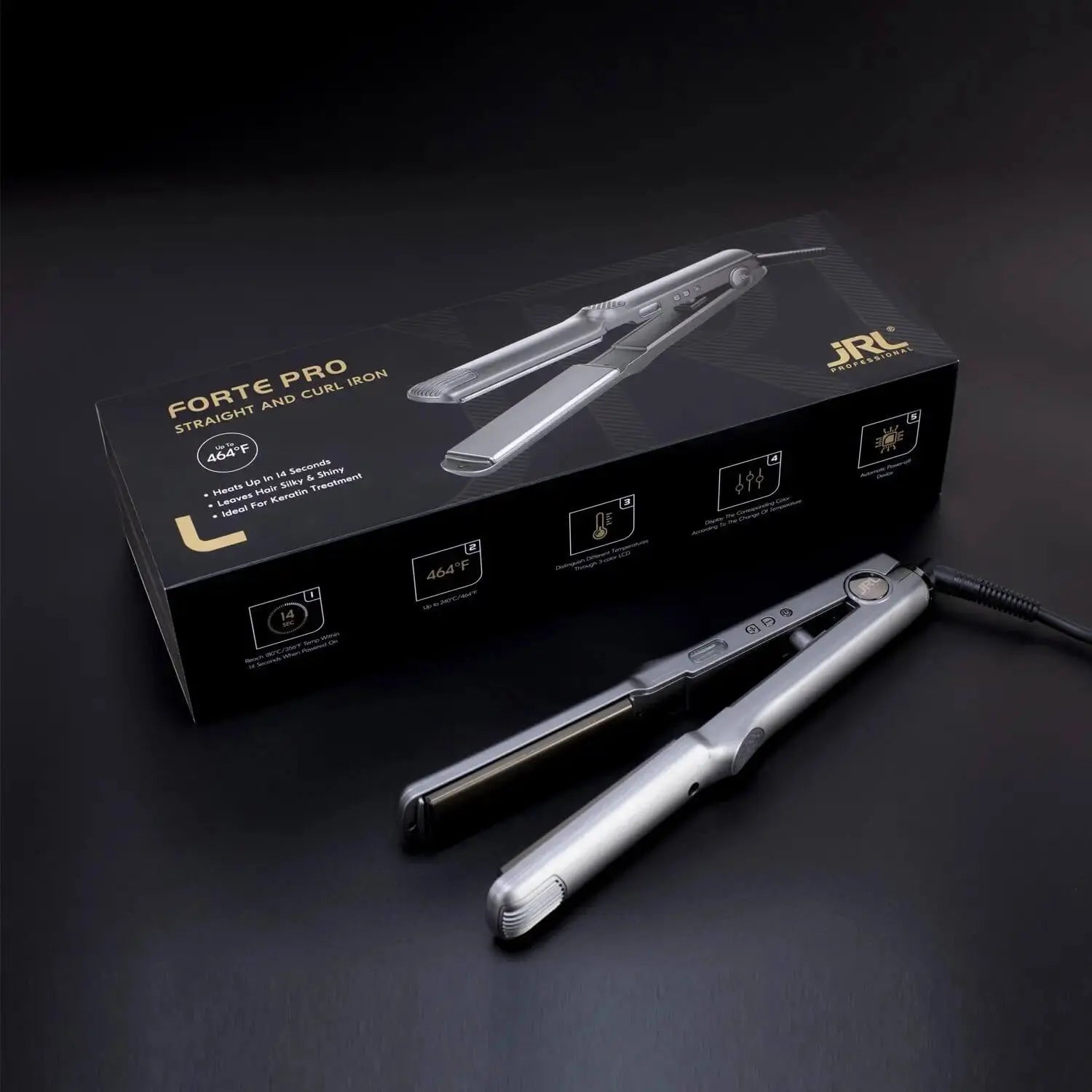 Anwendung des JRL Straight & Curl Iron, zeigt glatte und glänzende Haare nach dem Haarstyling.