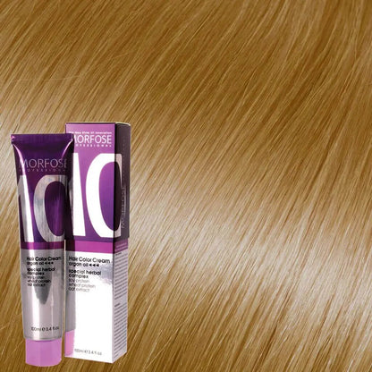 Morfose Haarfarbe in Gold, 100 ml Tube zeigt Anwendungshinweise auf der Rückseite.