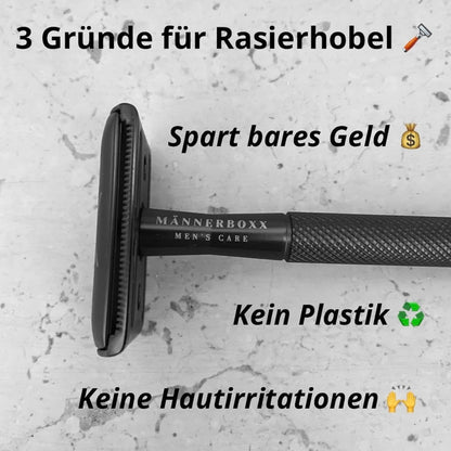 Premium Rasierer ‚Black‘ zusammen mit den 10 Rasierklingen für eine nachhaltige Hautpflege.