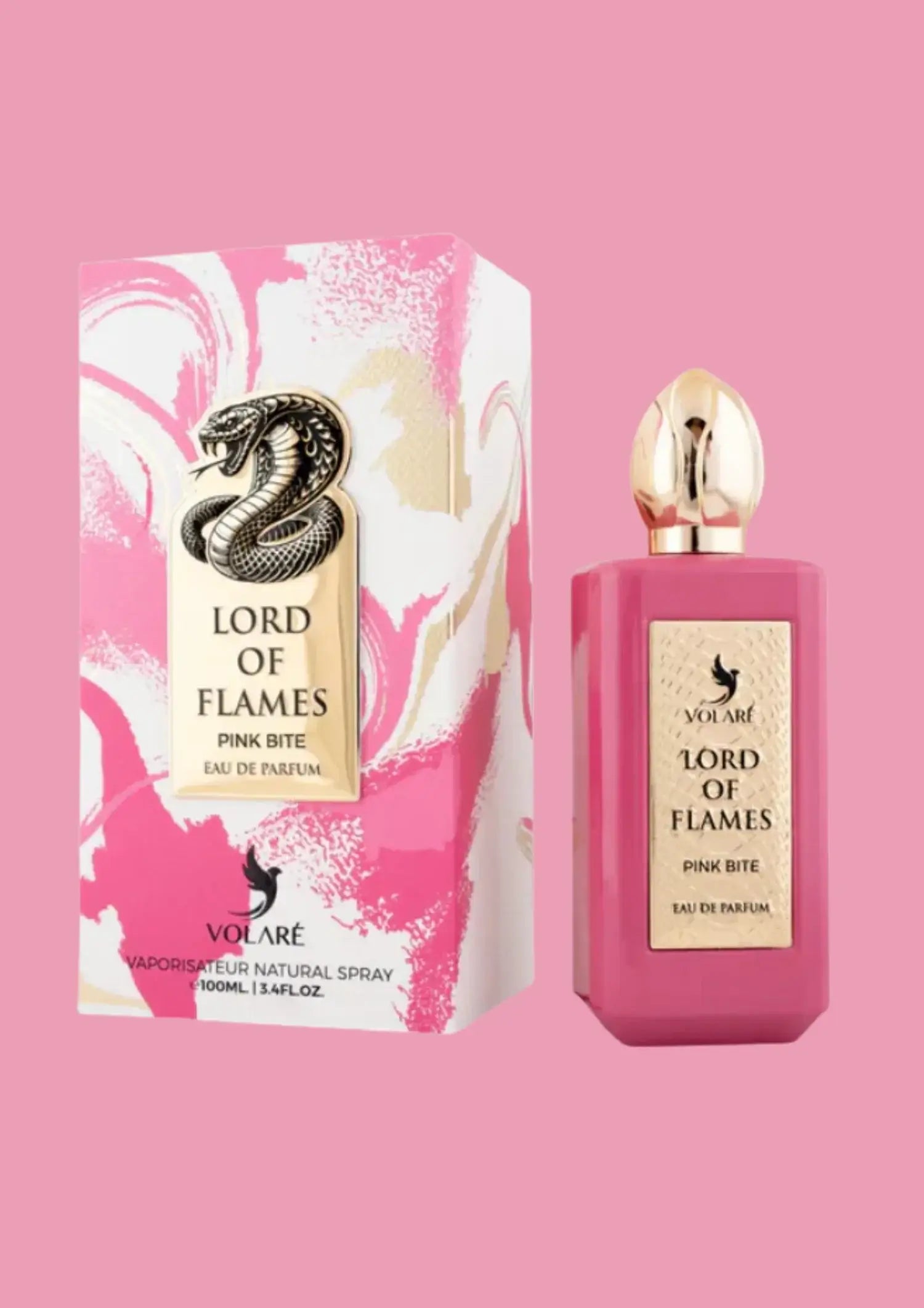 Zclose-up der Verpackung des Volare Lord of Flames Pink Bite Eau de Parfum, elegant und ansprechend.