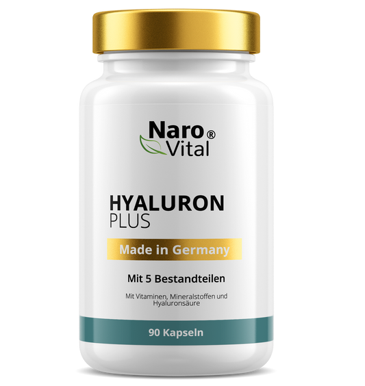 Hyaluron Plus von NaroVital – Hyaluronsäure zur Förderung der Hautgesundheit in eleganter Verpackung.