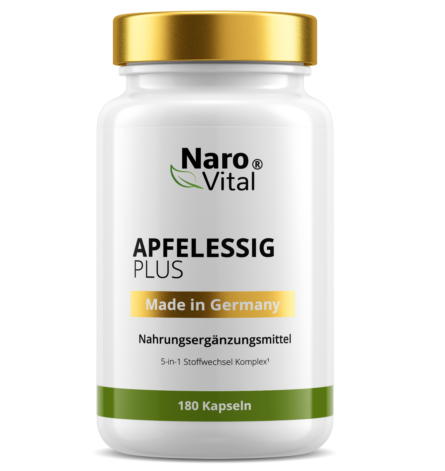 Apfelessig Plus von NaroVital in einer stilvollen Flasche für gesundheitsfördernde Nahrungsergänzungsmittel.