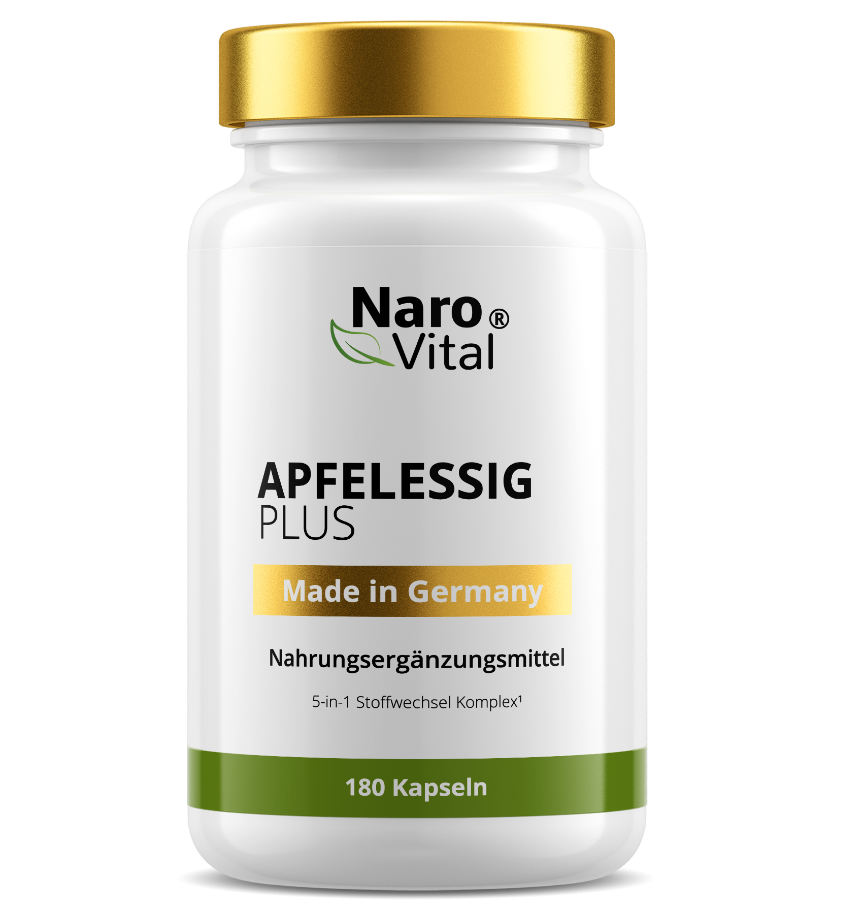 Apfelessig Plus von NaroVital in einer stilvollen Flasche für gesundheitsfördernde Nahrungsergänzungsmittel.