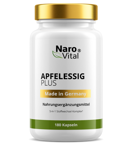 Apfelessig Plus von NaroVital in einer stilvollen Flasche für gesundheitsfördernde Nahrungsergänzungsmittel.