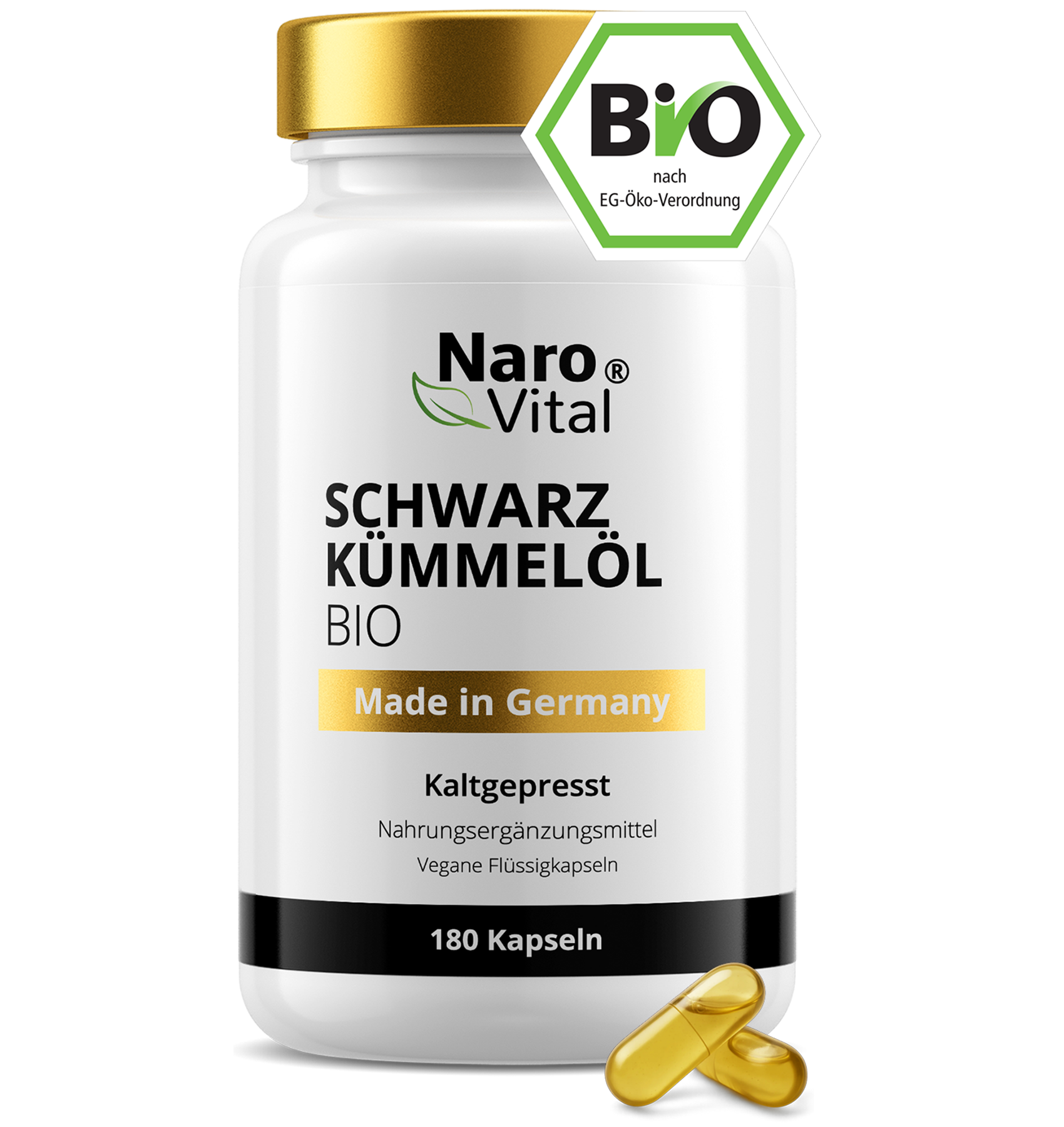 Hochdosierte Bio Schwarzkümmelöl Kapseln von ekovita in einer eleganten Verpackung.