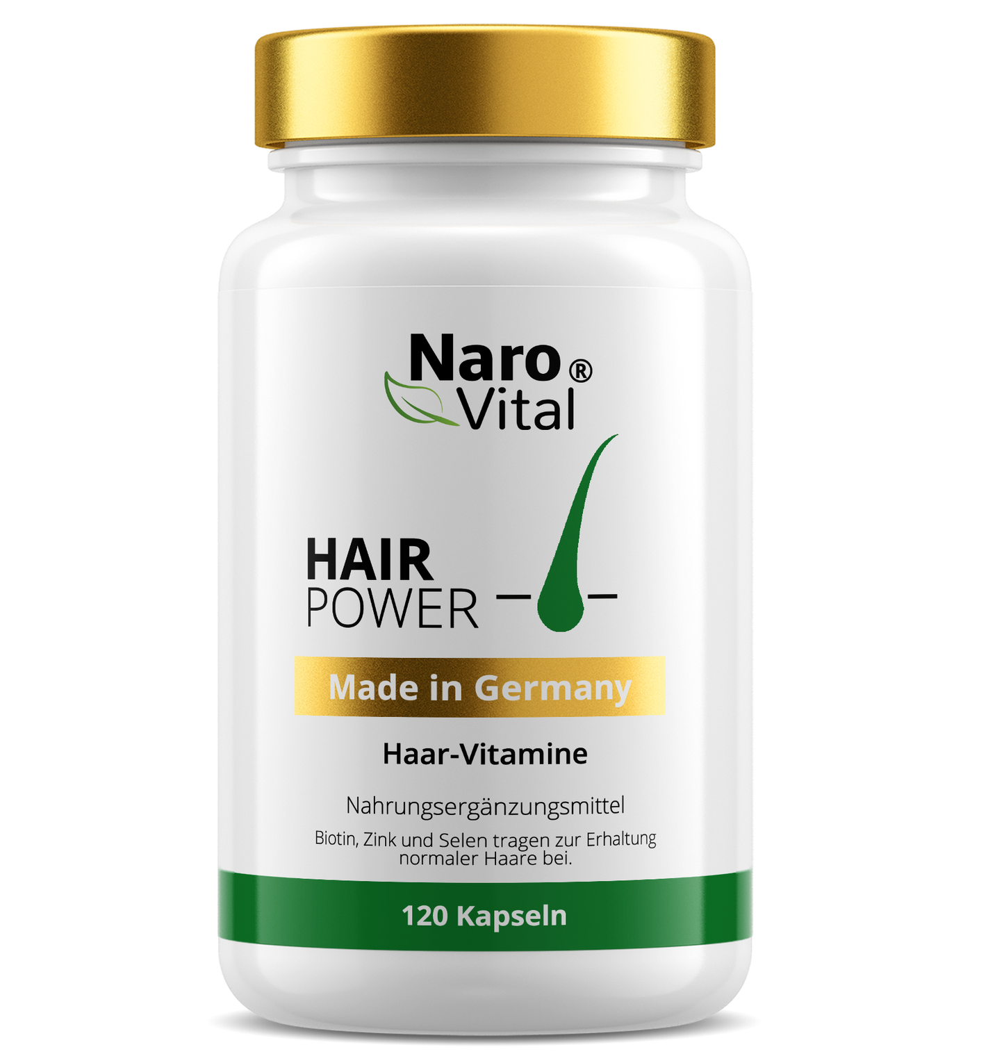 Hair-Power hochdosierte Haar Vitamine von NaroVital im eleganten Glastiegel auf einem Holztisch.