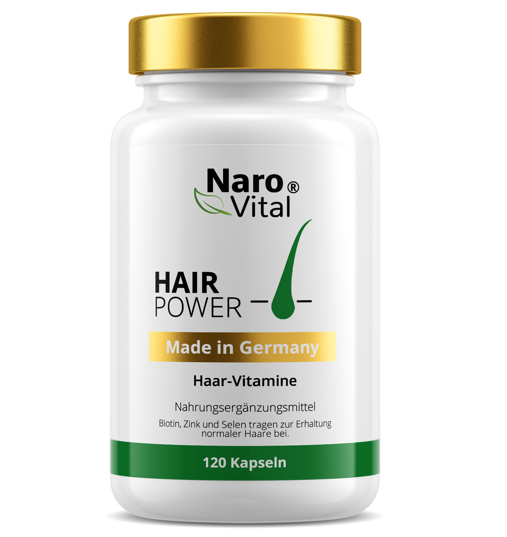 Hair-Power hochdosierte Haar Vitamine von NaroVital im eleganten Glastiegel auf einem Holztisch.