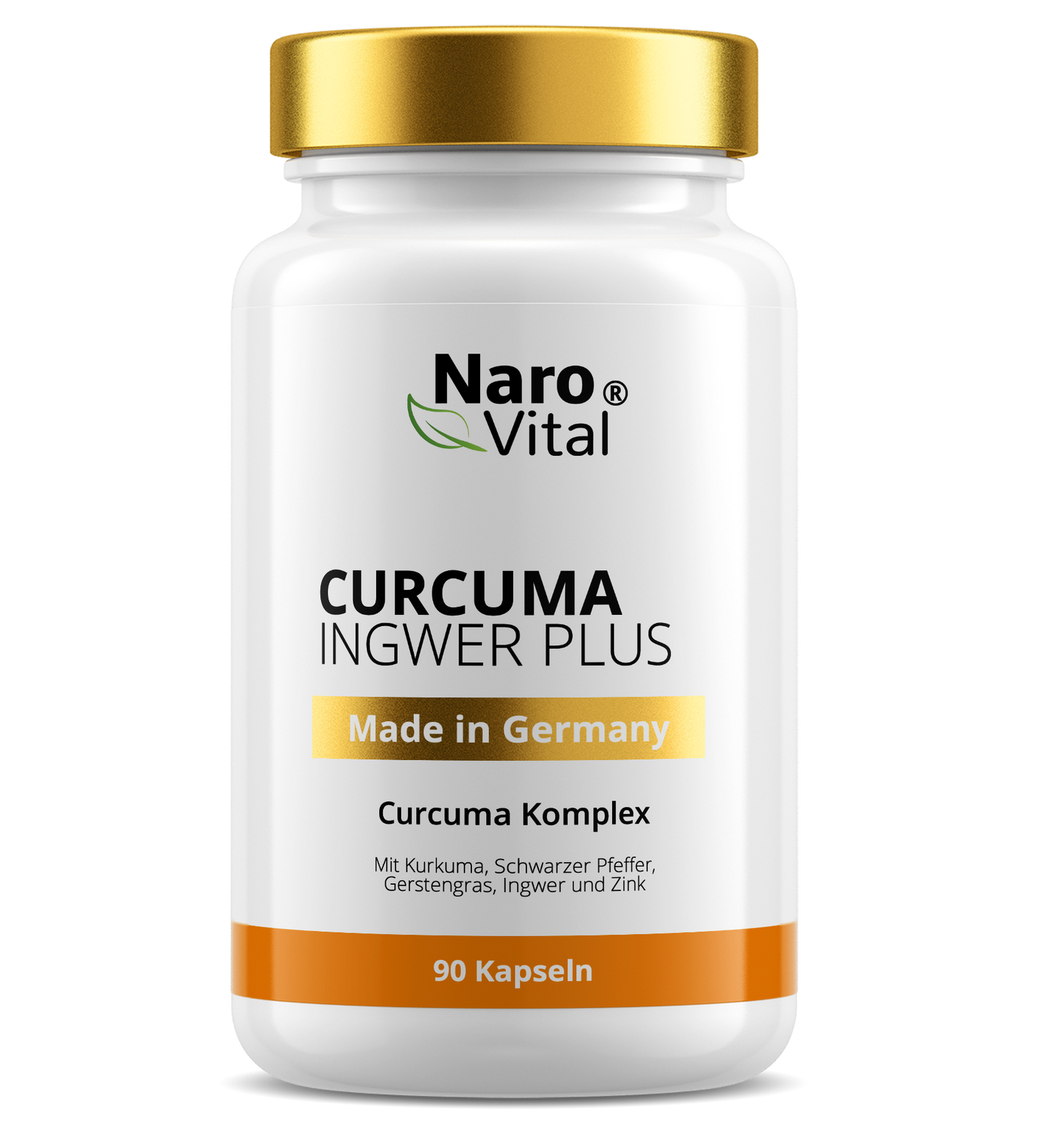 Curcuma Ingwer Plus Kapseln von ekovita im Hochformat, umgeben von frischen Ingwerwurzeln und Kurkuma.