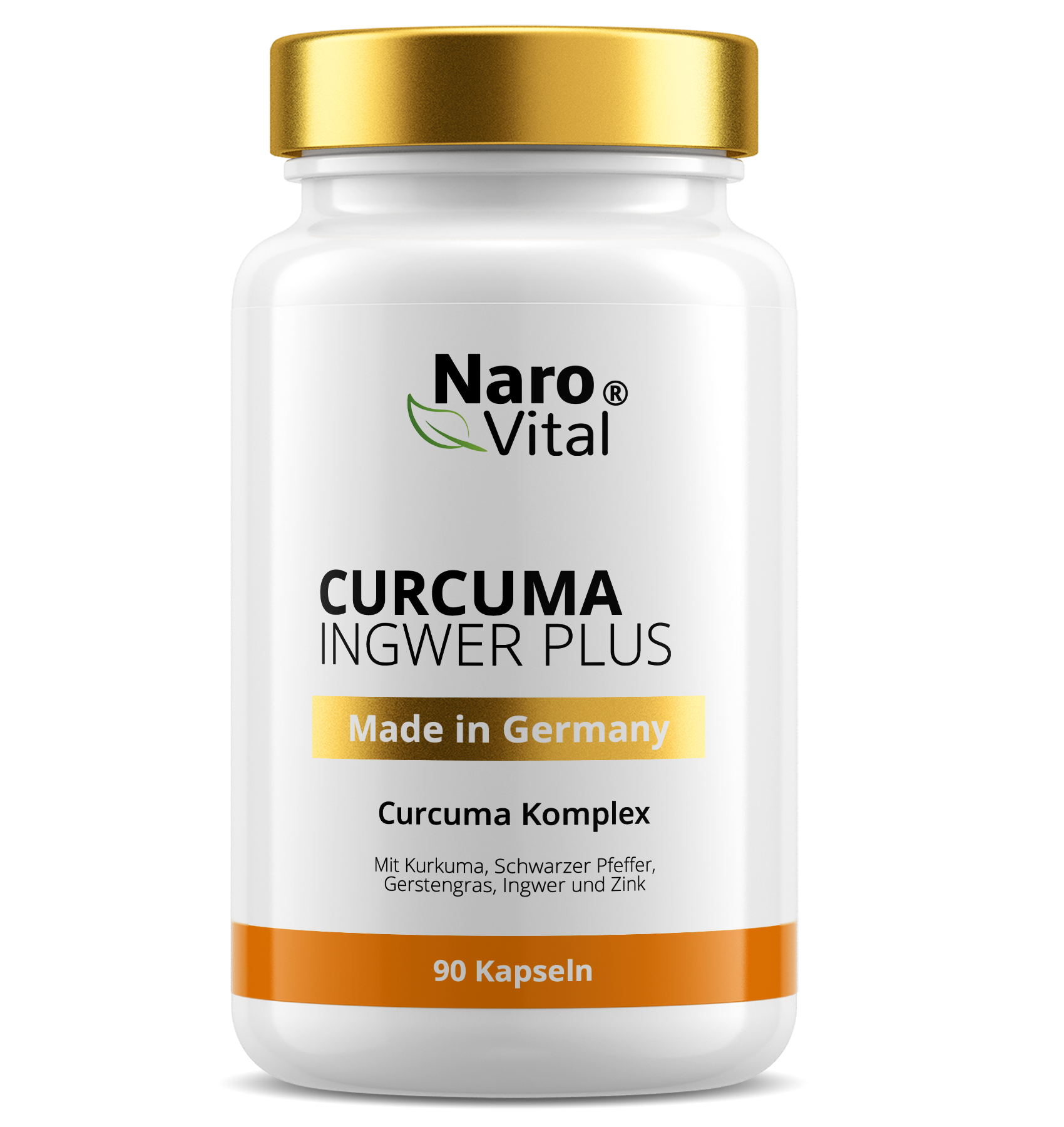 Curcuma Ingwer Plus Kapseln von ekovita im Hochformat, umgeben von frischen Ingwerwurzeln und Kurkuma.