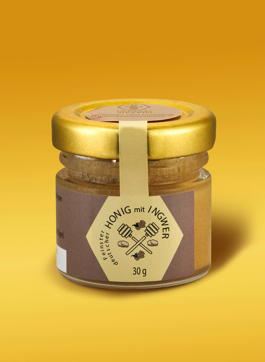 Ekovita Honig mit Ingwer in einem Glas, ideal als Premium Nahrungsergänzungsmittel für Gesundheit.