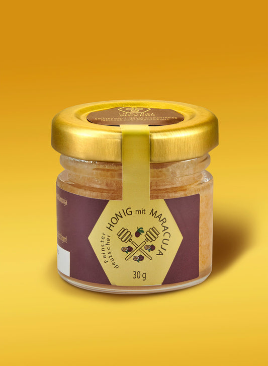 Premium Honig mit Maracuja von ekovita in einem dekorativen Glas, ideal als gesundheitsförderndes Nahrungsergänzungsmittel.