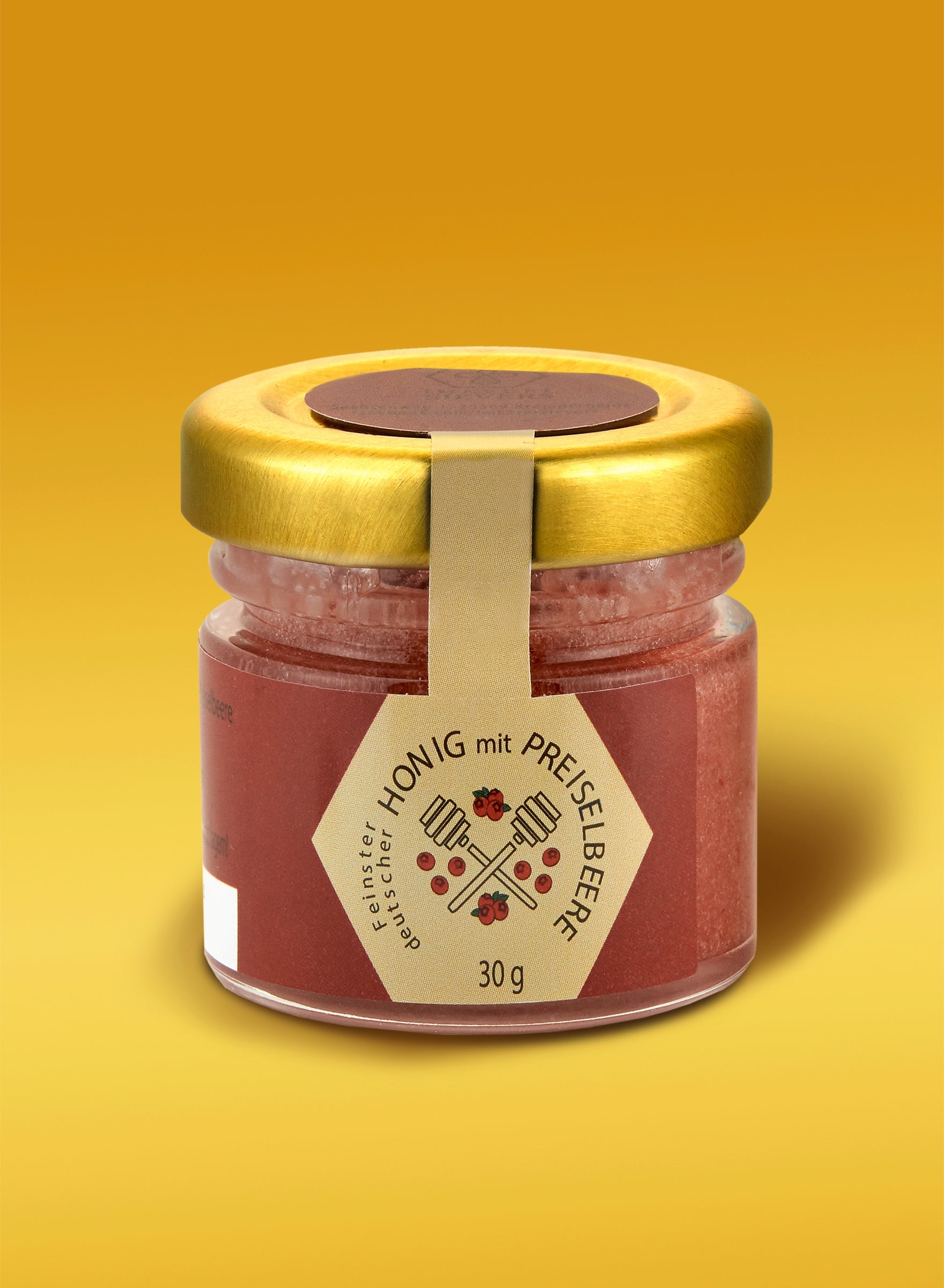 Premium Honig mit Preiselbeere von Nordbienchen in eleganter Glasverpackung, ideal für Naturprodukte-Liebhaber.