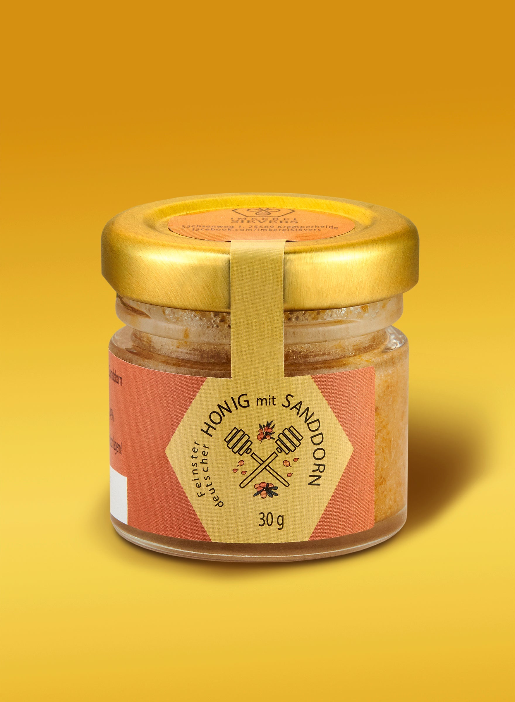 Premium Honig mit Sanddorn von ekovita in einem Glas mit goldener Farbe und reichhaltiger Textur.