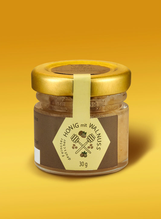 Premium Honig mit Walnuss von ekovita in einem eleganten Glasbehälter von Nordbienchen.