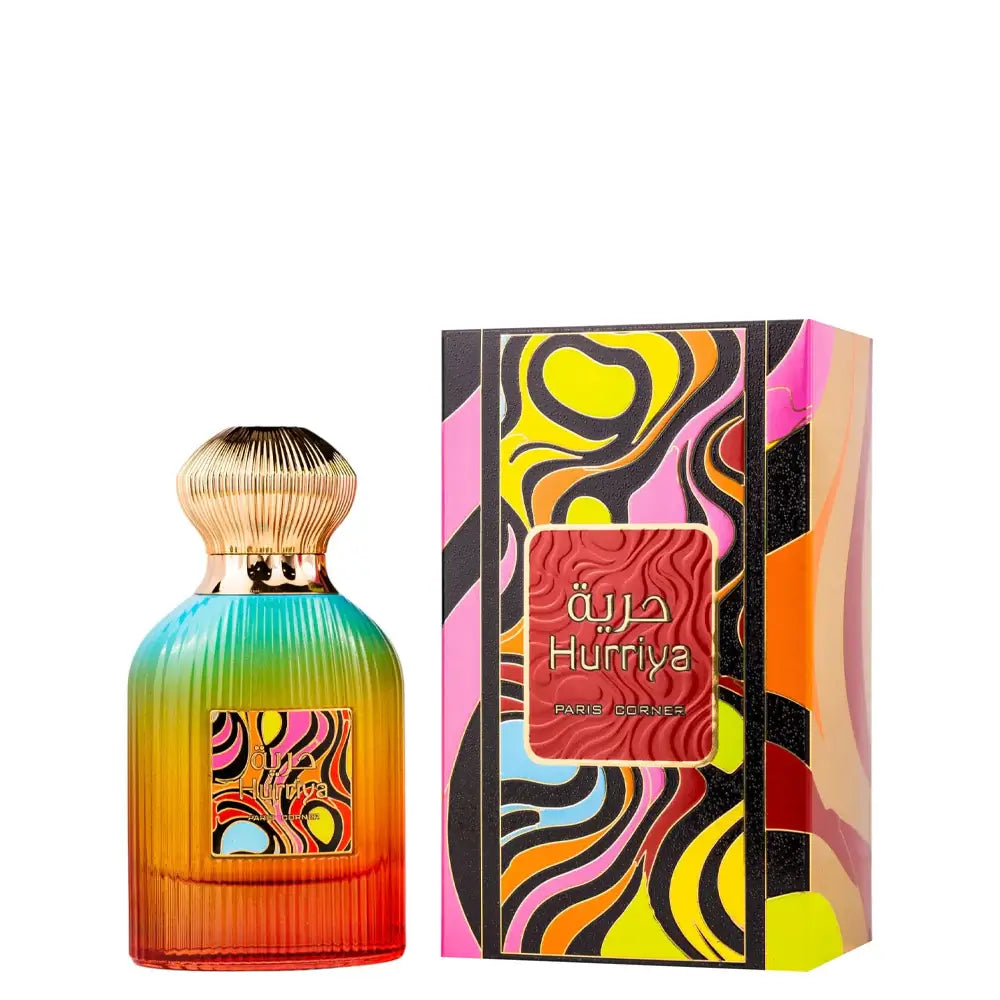 Detailaufnahme der Paris Corner Hurriya Eau de Parfum Verpackung, stilvolles Design von Luxus Aroma.