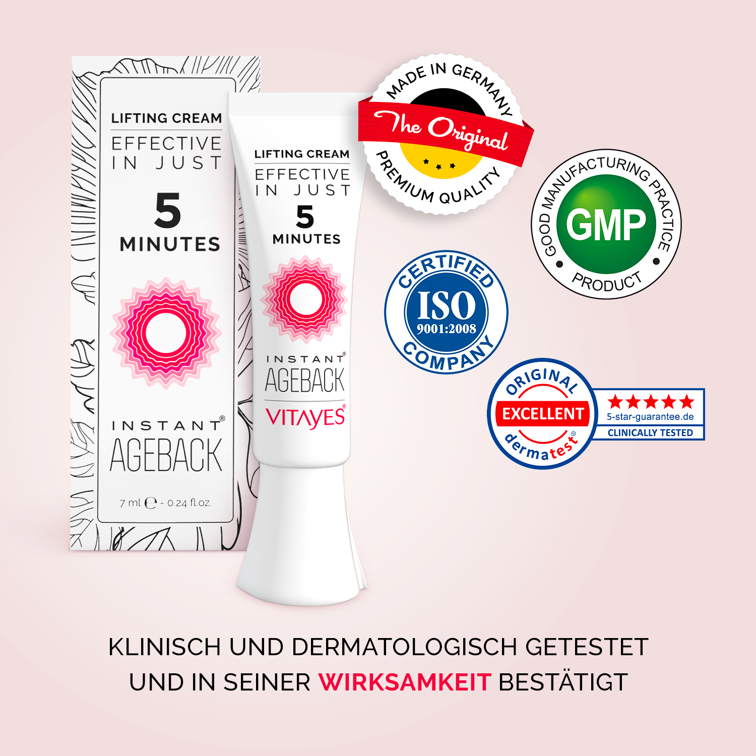 Inhaltsstoffe der Lifting-Creme wie Hyaluronsäure prominent dargestellt.