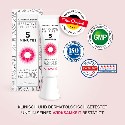 Inhaltsstoffe der Lifting-Creme wie Hyaluronsäure prominent dargestellt.