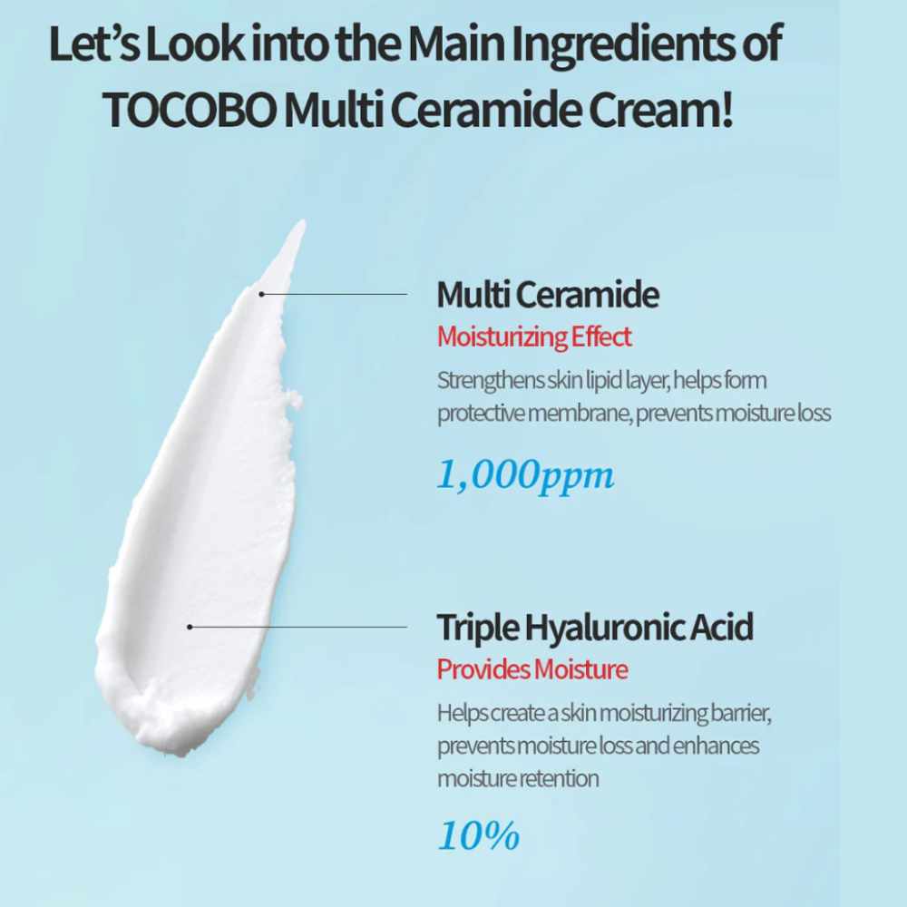 TOCOBO Multi Ceramide Cream auf einem eleganten Hintergrund, betont die intensive Feuchtigkeit für trockene Haut.