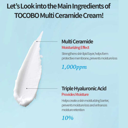 TOCOBO Multi Ceramide Cream auf einem eleganten Hintergrund, betont die intensive Feuchtigkeit für trockene Haut.