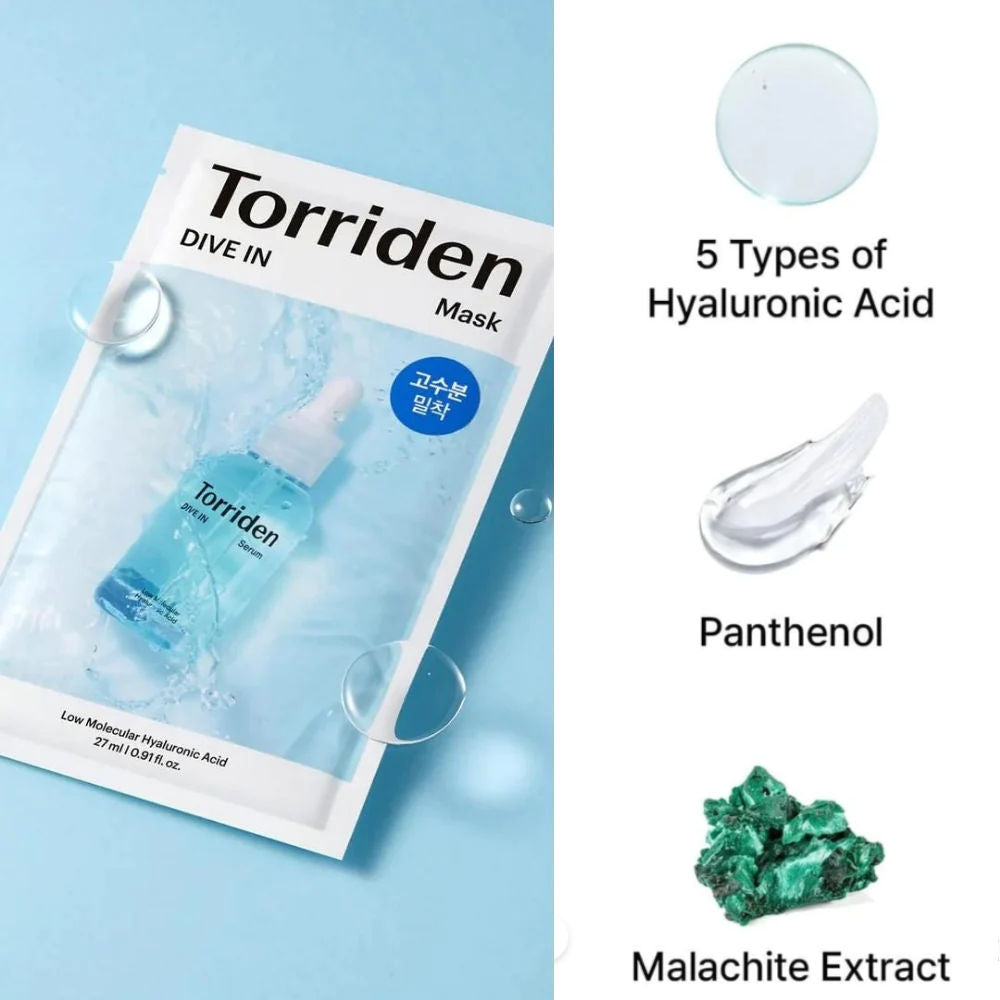 Verpackung der TORRIDEN Dive-In Hyaluronsäure Maske, perfekte Feuchtigkeitsmaske für strahlende Haut.