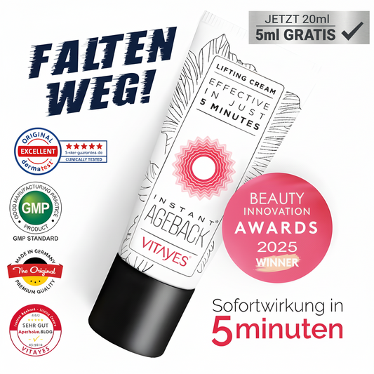 Instant Ageback™ Lifting-Creme von ekovita, ideal gegen Falten mit Hyaluronsäure und Koffein.