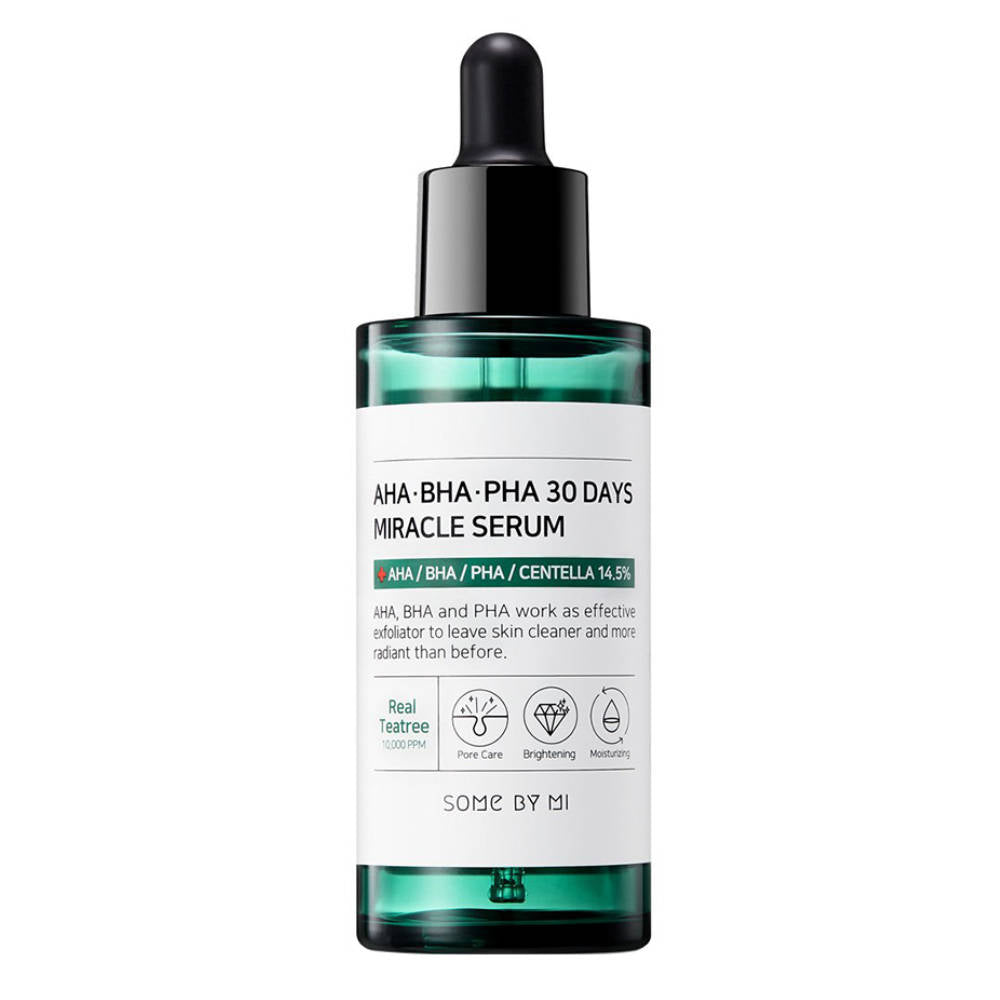 SOME BY MI AHA-BHA-PHA 30 Days Miracle Serum in einer transparenten Flasche zur Bekämpfung von Hautunreinheiten.