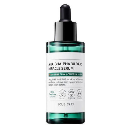 SOME BY MI AHA-BHA-PHA 30 Days Miracle Serum in einer transparenten Flasche zur Bekämpfung von Hautunreinheiten.