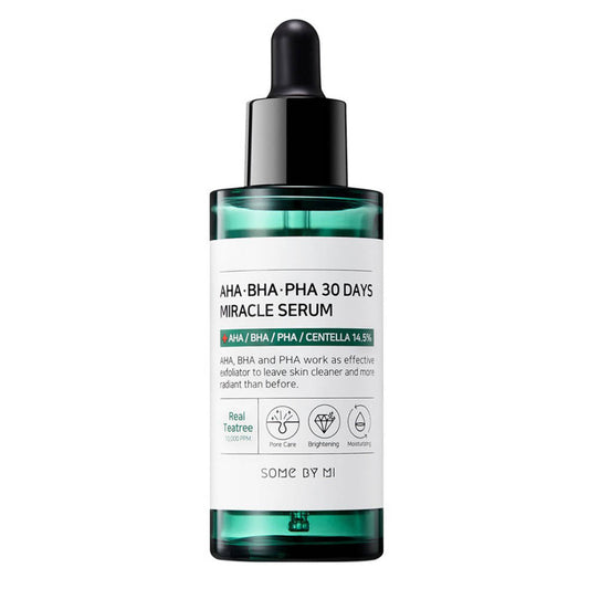 SOME BY MI AHA-BHA-PHA 30 Days Miracle Serum in einer transparenten Flasche zur Bekämpfung von Hautunreinheiten.