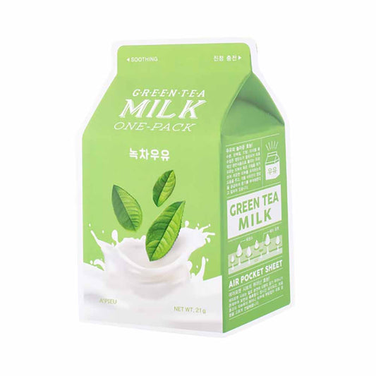 A'PIEU Milk One-Pack Facemask Green Tea für Feuchtigkeitspflege und Beruhigung der Haut.