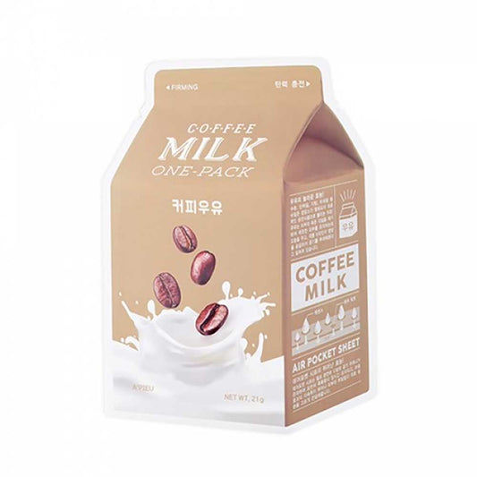 A'PIEU Milk One-Pack Maske präsentiert sich in eleganter Verpackung mit Kaffeepflege für strahlende Haut.