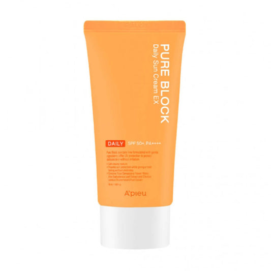 A'PIEU Pure Block Daily Sun Cream Ex SPF50+ in eleganter Tube für optimalen UV-Schutz und Hautpflege.