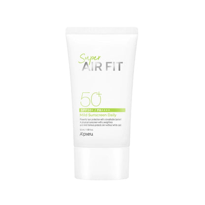 A'PIEU Super Airy Fit Mild Sunscreen SPF50+ in hochwertiger Verpackung für optimalen Sonnenschutz.