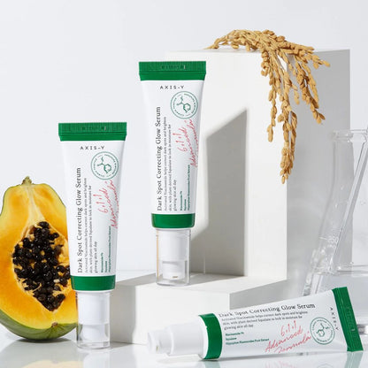 Nahaufnahme des AXIS-Y Glow Serums mit Pipette, perfekt zur Bekämpfung dunkler Flecken und für strahlende Haut.