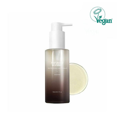 Detailaufnahme der Inhaltsstoffe des HaruHaru Wonder Cleansing Oils mit schwarzem Reis für intensive Feuchtigkeit.