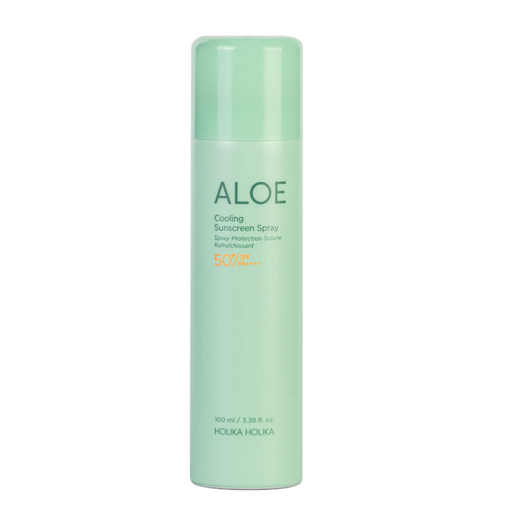 Holika Holika Aloe Cooling Sunscreen Spray 150 ml in einem weißen und grünen Spraybehälter, SPF 50+.