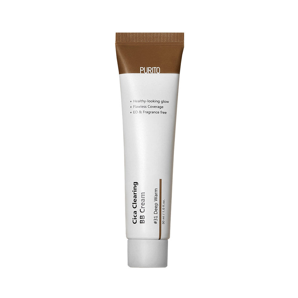 Purito Cica Clearing BB Cream in der Nuance Deep Warm für empfindliche Haut, enthält Centella Asiatica.