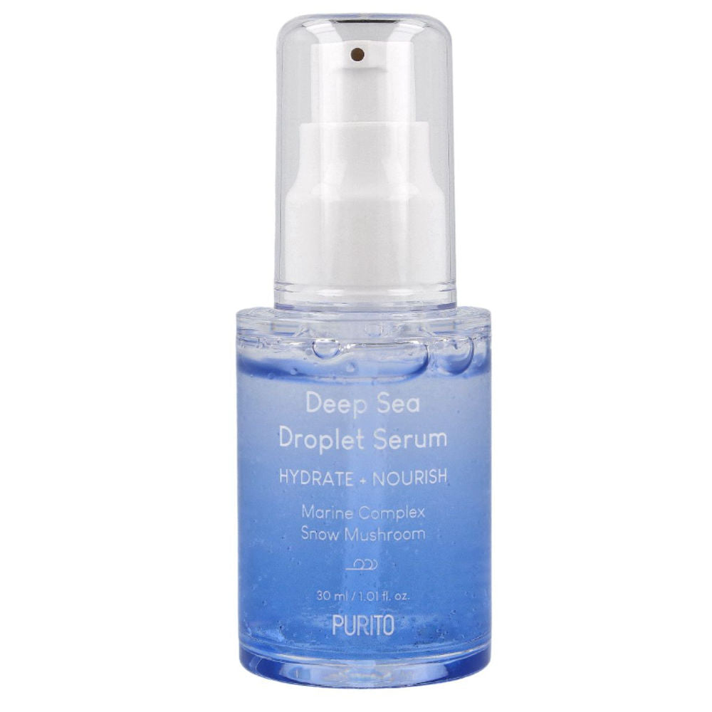 Das PURITO Deep Sea Droplet Serum in einer eleganten 30 ml Flasche für intensive Hautfeuchtigkeit.