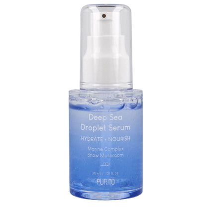 Das PURITO Deep Sea Droplet Serum in einer eleganten 30 ml Flasche für intensive Hautfeuchtigkeit.