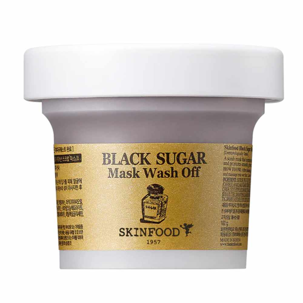 SKINFOOD Black Sugar Mask Wash Off in einem gläsernen Tiegel, ideal für sanfte Peelinghautpflege.