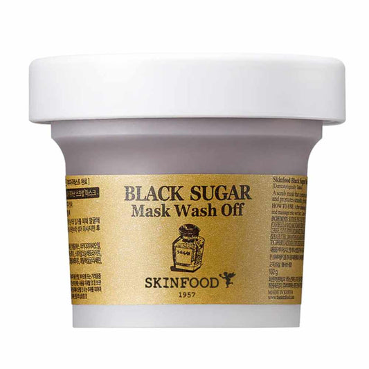 SKINFOOD Black Sugar Mask Wash Off in einem gläsernen Tiegel, ideal für sanfte Peelinghautpflege.