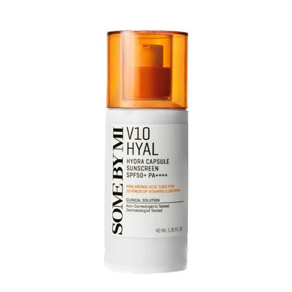 SOME BY MI V10 Hyal Hydra Capsule Sunscreen SPF50+ in elegantem 40 ml Flacon mit Hyaluronsäure.