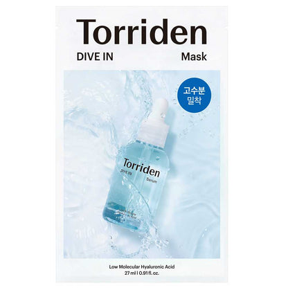 TORRIDEN Dive-In Hyaluronsäure Maske für intensive Feuchtigkeit in 27 ml, ideal für koreanische Gesichtspflege.