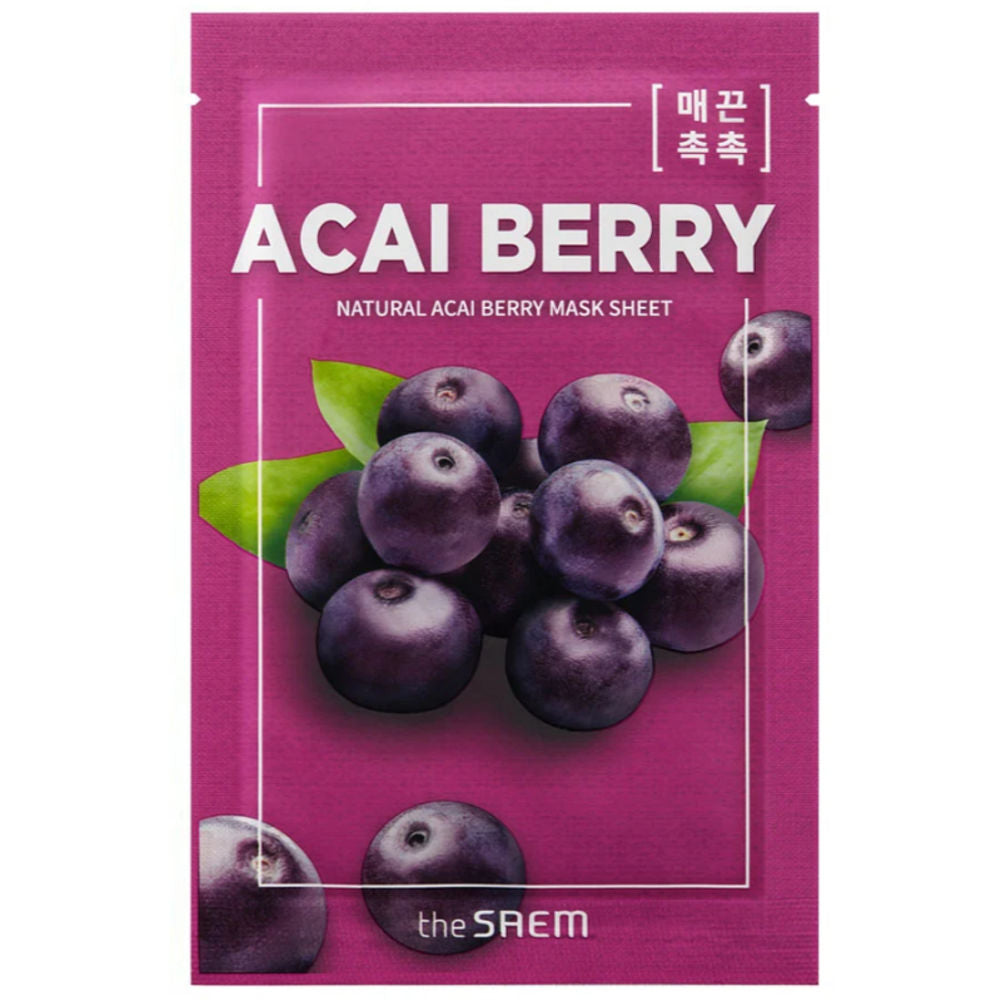 Die SAEM Natural Acai Berry Maske für feuchtigkeitsspendende Pflege jugendlicher Haut, 21 ml, in ansprechender Verpackung.