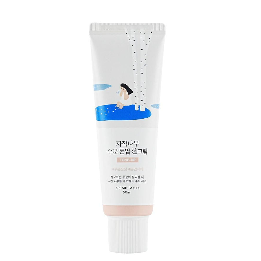 Round Lab Birch Juice Tone-Up Sunscreen in eleganter Verpackung, bietet effektiven Sonnenschutz mit SPF50+.