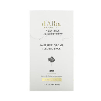 d'Alba Waterfull Vegan Sleeping Pack in eleganter Verpackung für intensive Feuchtigkeitspflege über Nacht.