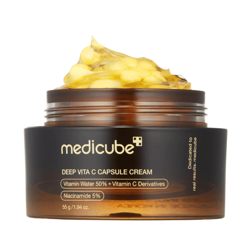 Medicube Deep Vita C Capsule Cream 55g in eleganter Verpackung, ideal für Lichtschutz und Hautaufhellung.