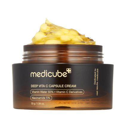 Medicube Deep Vita C Capsule Cream 55g in eleganter Verpackung, ideal für Lichtschutz und Hautaufhellung.